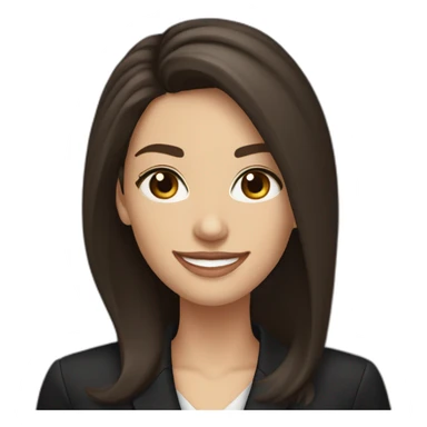 Caucasian Woman with voluminous long dark brown hair, dark brown eyes, pretty smile, dressed with a black blazer sticker