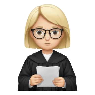 Young judge, blonde hair with glasses and robe, hold a paper sticker