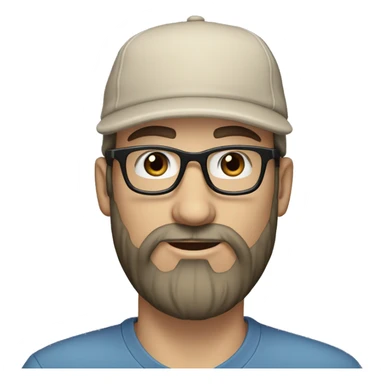 white man, with a long black beard and a beige cap, gray-blue eyes, round glasses with thin frames sticker