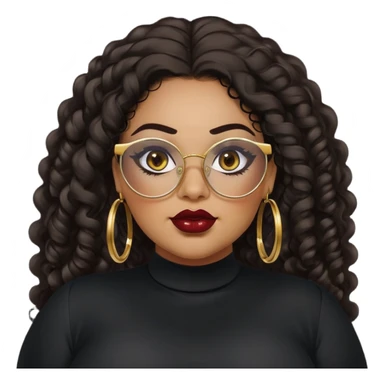 big plus size, latina, darker tan skin, gold hoops, long black curly hair, baddie,pretty, makeup, dark red lipgloss, black eyeliner, long hair, black shirt, black glasses sticker