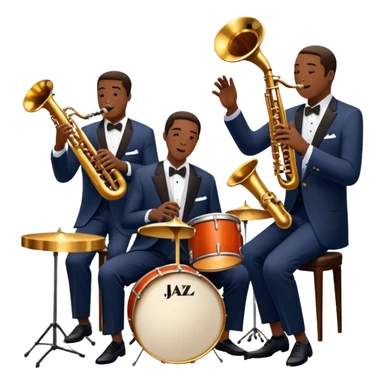 Icon for Jazz Music: The Jazz Messengers, featuring a dynamic composition with Art Blakey on drums and musicians playing saxophone, trumpet, and piano. Musical notes and a warm jazz club atmosphere emphasize the vibrant hard bop style. Transparent background. sticker