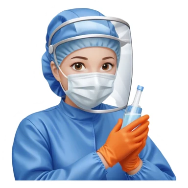 A meticulous cleanroom worker dressed in full protective gear, including a blue sterile suit, a face mask, a hairnet, and orange gloves. With a focused expression, they carefully wipe down a glass surface, ensuring strict hygiene standards in a controlled environment. sticker