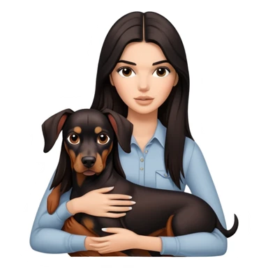 Kendall Jenner with long dark hair holds a Doberman Pinscher in her arms sticker