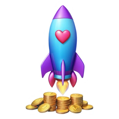 3D rocket with coins and hearts, purple blue gradient, glossy, transparent background sticker