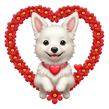 White belgian Dog with a flowerband on head is jumping in a heart sticker