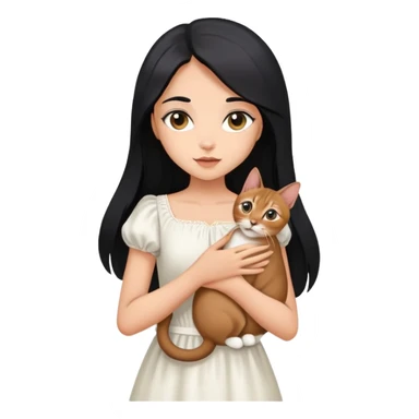 A beautiful girl with long black hair wearing a white dress holds an Abyssinian cat in her arms sticker