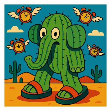 giant cactus elephant wearing huge sandals in a desert with flying alarm clocks in the sky, inspired by Lyriq LaRue from Super Brainrot sticker