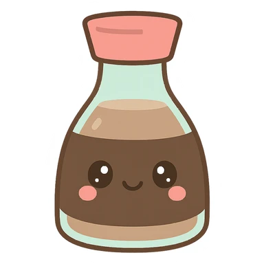 a bottle of Japanese soy sauce, kawaii style, cute face on the bottle, pastel colors sticker