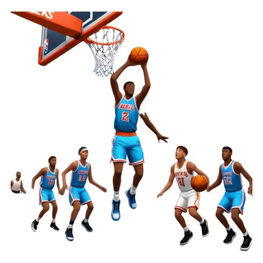 An icon featuring a basketball court with players in action, inspired by NBA 2K25. A player jumps for a dunk, with the ball mid-air. Bright lights illuminate the court, symbolizing the excitement of sports simulation games. Transparent background emphasizes the energy. sticker