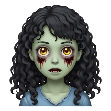Emoji garota zombie sem ferimentos no rosto com cabelo preto cacheado longo com franja cacheada sem volume sticker