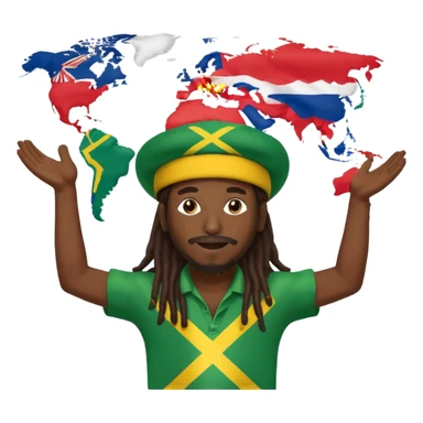 Rasta man with arms wide open 🙌🏾🔥 standing in front of world map 🌍🎶 with every flag 🇯🇲🇺🇸🇬🇧🇫🇷🇮🇳🇧🇷🇳🇬 saying ONE LOVE 💛💚❤️ to di world 🌐🦁 sticker
