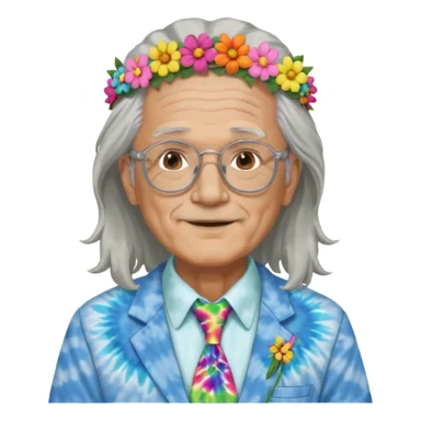 elderly man with long grey hair, glasses, peace sign necklace, tie-dye clothing, flower crown sticker