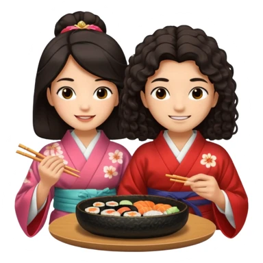 czarnowłosa ksieżniczka w dlugich wlosach je sushi z chłopakiem o czarno brązowych kręconych włosach i są zadowoleni sticker