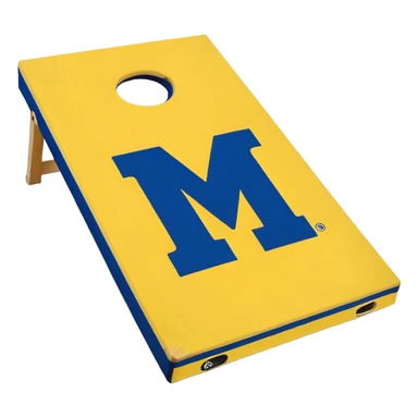 Cornhole board blue and yellow with Michigan “M” With a yellow cornhole bag sticker