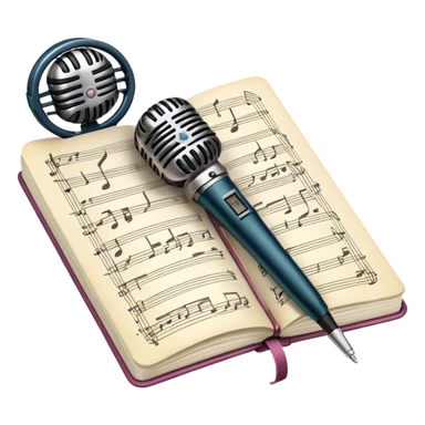 Create an emoji representing songwriting. The design should feature an open notebook or sheet music with visible lyrics and musical notes, symbolizing the process of writing song lyrics. A pen or pencil should be placed near the notebook, indicating active writing. Optionally, include a vintage microphone or a quill to add a creative touch. Use a harmonious color palette with warm and neutral tones. Do not include any emojis or smiley faces. Make the background transparent. sticker