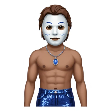 Michael Myers with white mask with brown hair, indigo sequin baggy pants, shirtless with necklace sticker