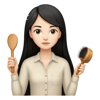 A white woman with long, straight black hair, wearing an ivory-colored shirt, holding a wooden paddle hairbrush in her left hand and spraying a hair mist bottle with her right hand toward her hair. sticker