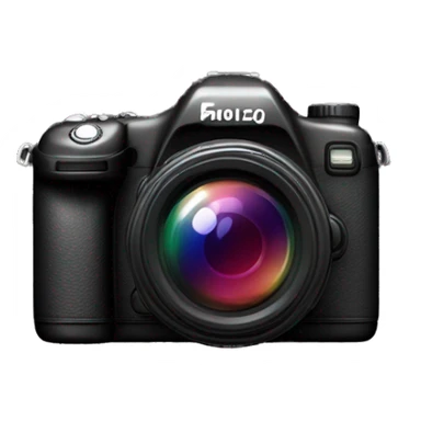 In the center of a pure black background, a 3D mimetic digital camera is facing the lens at a 0-degree angle sticker