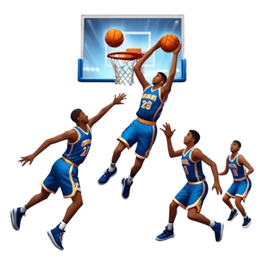An icon featuring a basketball court with players in action, inspired by NBA 2K25. A player jumps for a dunk, with the ball mid-air. Bright lights illuminate the court, symbolizing the excitement of sports simulation games. Transparent background emphasizes the energy. sticker