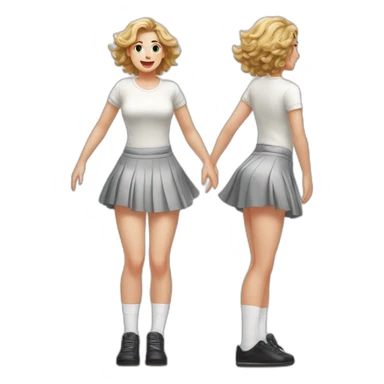 realistic full body caucasian curvy beauty jumping short black skirt back and front views strong wind white knickers long white socks sticker