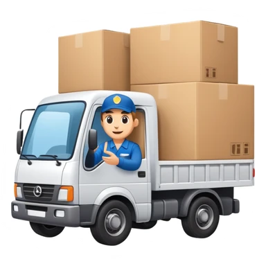 truck with a supplier in work uniform sitting inside, waving hi, cargo area overflowing with many boxes sticker