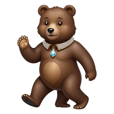 Dark brown bear walking on four paws wearing a luxury diamond-studded collar, shiny gems, minimalist emoji style sticker
