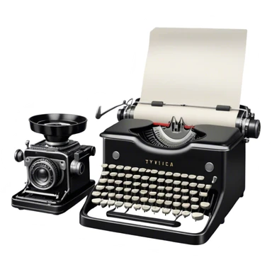 Create an emoji representing screenwriting. The design should feature an open script with visible dialogue and action lines, symbolizing the writing of a screenplay. Include a classic typewriter or a modern writing device, such as a laptop, to signify the process of creating a script. Add a vintage film camera next to the script to emphasize the cinematic aspect of screenwriting. Use a professional color palette with black, white, and subtle metallic tones. Do not include any emojis or smiley faces. Make the background transparent. sticker