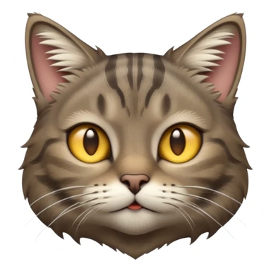 cinematic-[grey brown tabby cat]-realistic-emoji,-head-tilted-dramatically,-scruffy-[predominantly grey]-fur,-simplified-yet-realistic-focused-features,-highly-detailed,-glowing-with-an-almost-sarcastic-glow sticker