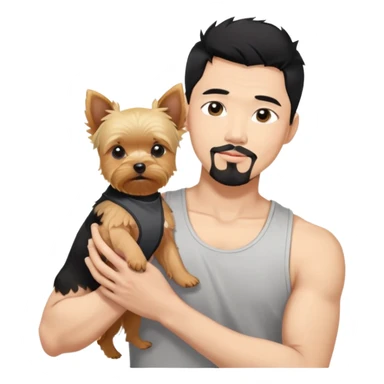 Dark haired Korean Asian handsome man with black pointy hair full goatee and tank top.  Holding one blonde yorkie.  sticker
