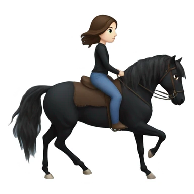 Girl with white skin, blue eyes and brown hair riding a Black horse with long mane and dark eyes. We see them from the side, they are causally walking sticker