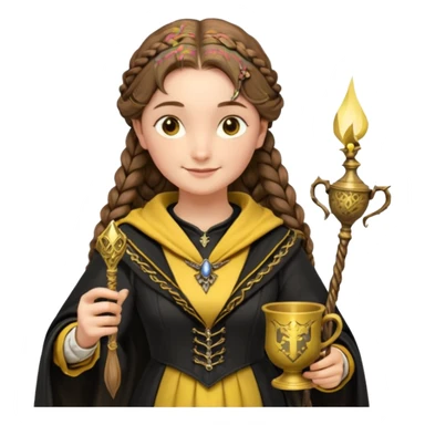 Helga Hufflepuff,the Hogwarts founder of Hufflepuff,brown-haired,2braids,yellow-black medieval dress with black cloak decorated with gold braiding,flickering magic wand and tiny two-handled shiny gold cup engraved with the badger silhouette,very kind smile,curvy busty sweet sticker