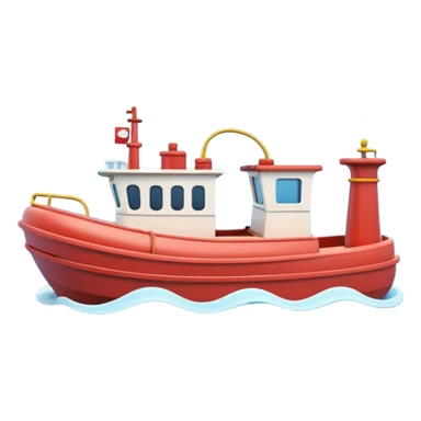 A 3D cartoon tugboat towing another boat on calm blue water, soft waves, clear sky, Memoji-style. sticker