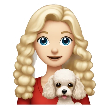 Pretty blue eyed white girl with blonde long hair with a santa claus hat and holding a brown toy poodle sticker
