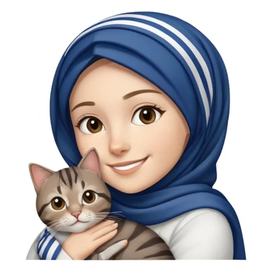 White girl wearing dark blue hijab with white shirt smiling while holding a black grey brown stripes tabby cat sticker