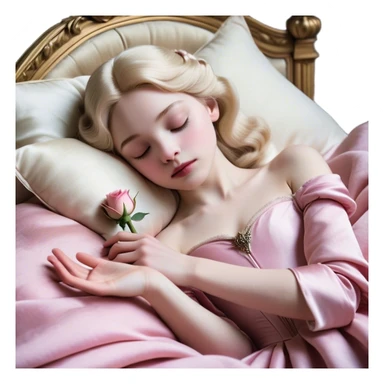 Cinematic Realistic Sleeping Beauty (Aurora) Portrait, with porcelain-like skin featuring a natural rosy flush, illuminated by soft lighting that highlights the gentle contours of her face. Her golden blonde hair flows in soft, detailed waves with subtle highlights that shimmer in the light. Her deep violet-blue eyes radiate warmth and innocence, framed by arched brows and long lashes. With a soft, serene smile, she holds a delicate rose gently in one hand, her other hand resting lightly by her side. She is dressed in her classic pink gown, the fabric rich in texture with delicate folds that catch the light. A golden crown rests atop her head, gleaming with royal refinement. The portrait captures a soft, glowing aura, blending realism with an ethereal sense of beauty and timeless enchantment. sticker