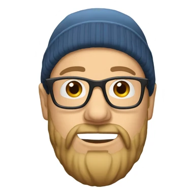 Bald white man with glasses, a beanie, and a beard sticker