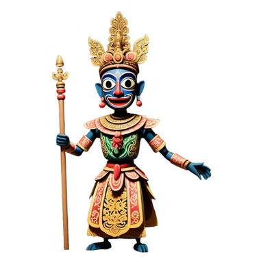 Golek Ayun-ayun – Cinematic Realistic Wayang Golek Ayun-ayun, depicted as an intricately carved traditional wooden puppet with vibrant painted details and expressive features, set on a dimly lit stage with dramatic shadows that evoke centuries of Indonesian theatrical heritage, rendered with lifelike textures and subtle ambient glow. sticker