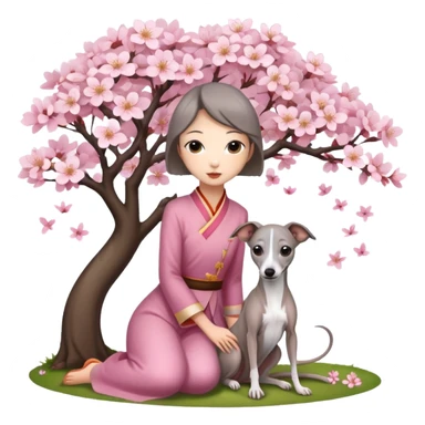 A young Chinese girl and a grey Italian Greyhound sitting under a cherry blossom tree sticker