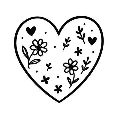 Remove the cat from the image, keep only the heart and decorative elements in a hand-drawn doodle style with floral and playful accents. The style should resemble notion style hand drawn doodles with a whimsical and artistic feel. sticker