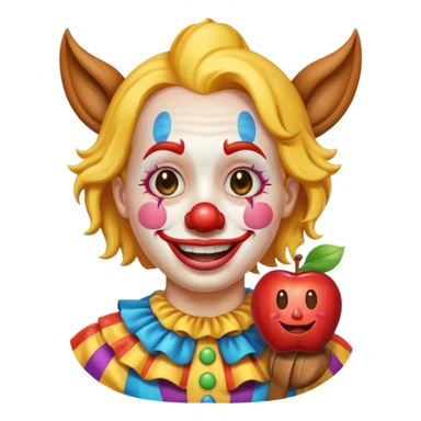 a crying but smiling and showing a peace sign clown face riding a horse, make it native to apple emoji style, the horse and the clown both emoji should match apple's style. sticker