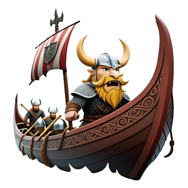clash-of-clans-aesthetic_-cinematic-viking-longboat, rendered in a flat, bold vector style with minimal shading, featuring a striking dragon-headed prow slicing through icy, churning waters. shields on the side and vikings rowing The longboat’s intricately detailed shields and carved motifs evoke a sense of epic adventure and Nordic might, with billowing sails catching a dramatic, stormy sky backdrop. sticker