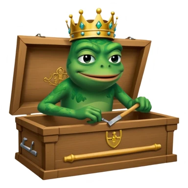 Emoji of an empty wooden coffin with its lid on top, the word ‘ECHO’ carved into the side panel. The coffin is shown from the outside. A king-like Pepe the Frog, standing outside the coffin, is hammering nails into the lid to seal it shut. No character is inside the coffin. Not a treasure chest. sticker