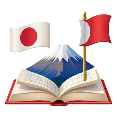 An icon featuring Mount Fuji and the flag of Japan, symbolizing the Japanese language. The design includes an open book with Japanese text, representing language learning and cultural heritage. Transparent background . sticker