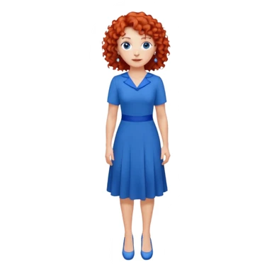 una profesora mayor simpática con el pelo rojo rizado, ojos azules, vestido azul y pendientes azules hablando altura completa sticker