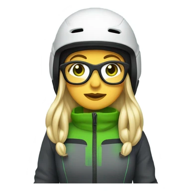 Green-eyed, fat female skier with long straight blonde hair, glasses, white ski helmet, grey snow jacket, long black pants, black only snow boots standing tall. sticker