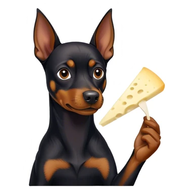 A black German pinscher eating a pièce of string cheese sticker