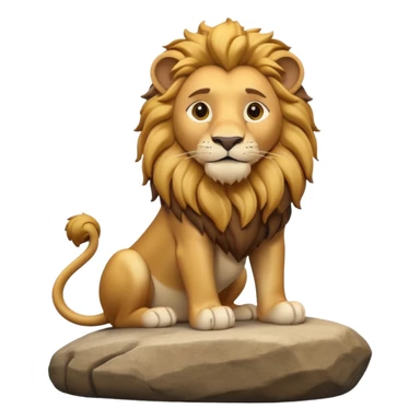 A 3D cartoon lion with a golden mane, sitting proudly on a rock, calm smile, smooth fur, bright warm sunlight, friendly but majestic look, Memoji-style. sticker