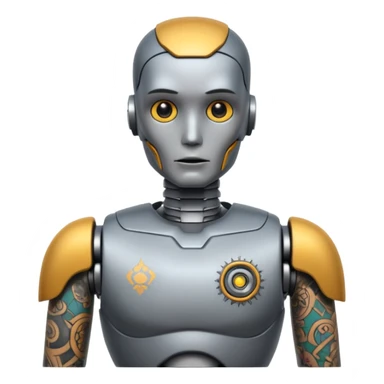 gray Tatooed robot, big many tatooes on chest, neck and face sticker