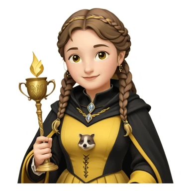 Helga Hufflepuff,the Hogwarts founder of Hufflepuff,brown-haired,2braids,yellow-black medieval dress with black cloak decorated with gold braiding,flickering magic wand and tiny two-handled shiny gold cup engraved with the badger silhouette,very kind smile,curvy busty sweet sticker