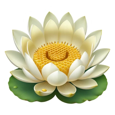 White lotus flower with botanically accurate yellow seedpod center showing honeycomb-like pattern of seed chambers, surrounded by white petals and accurate notched lotus leaf sticker